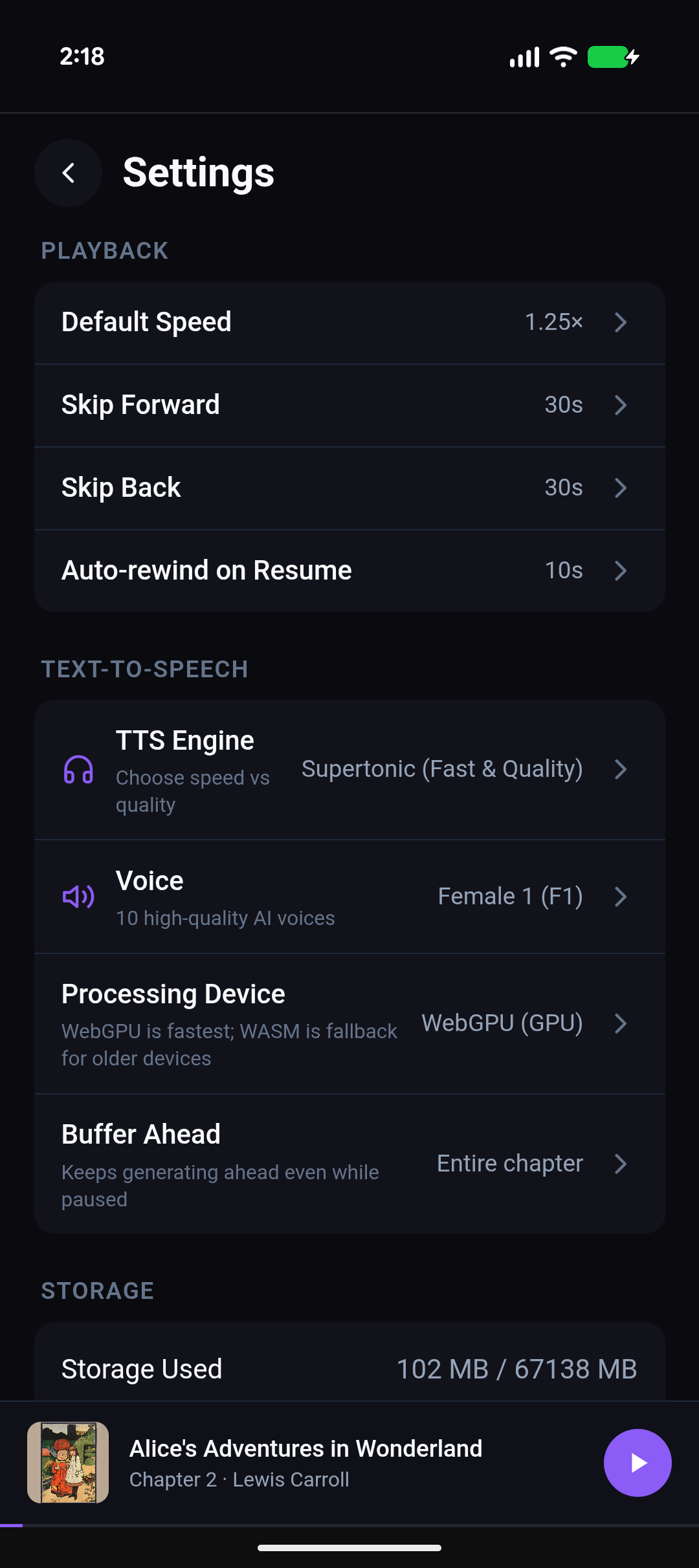 Settings - Customize TTS and playback